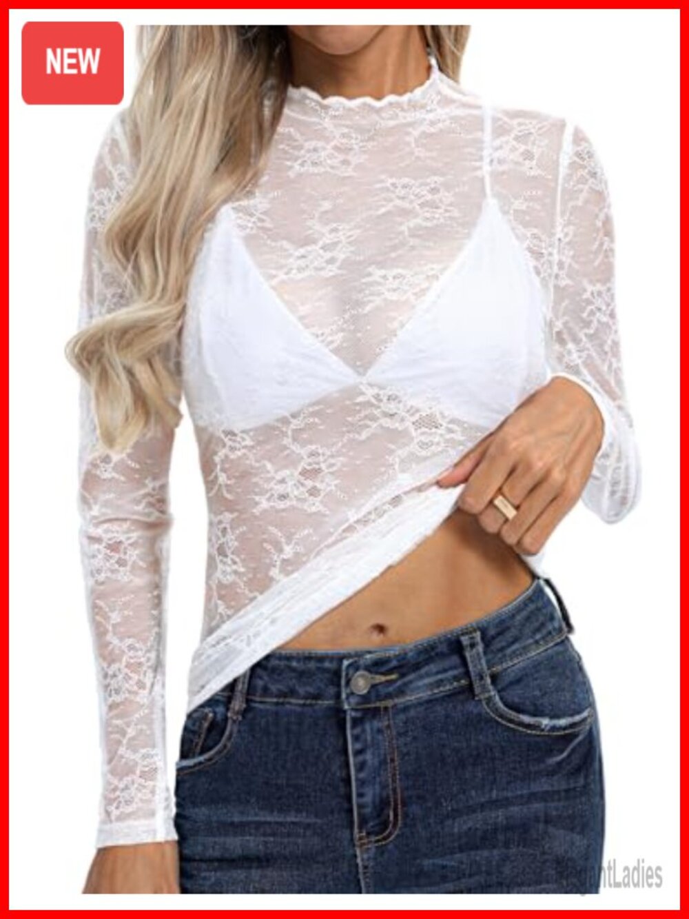 Mock Neck Lace Blouse Long Sleeve Sheer Mesh Women's Top